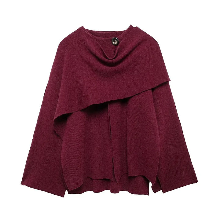 Women’s Layered Poncho Style Knit Top with Button Detail