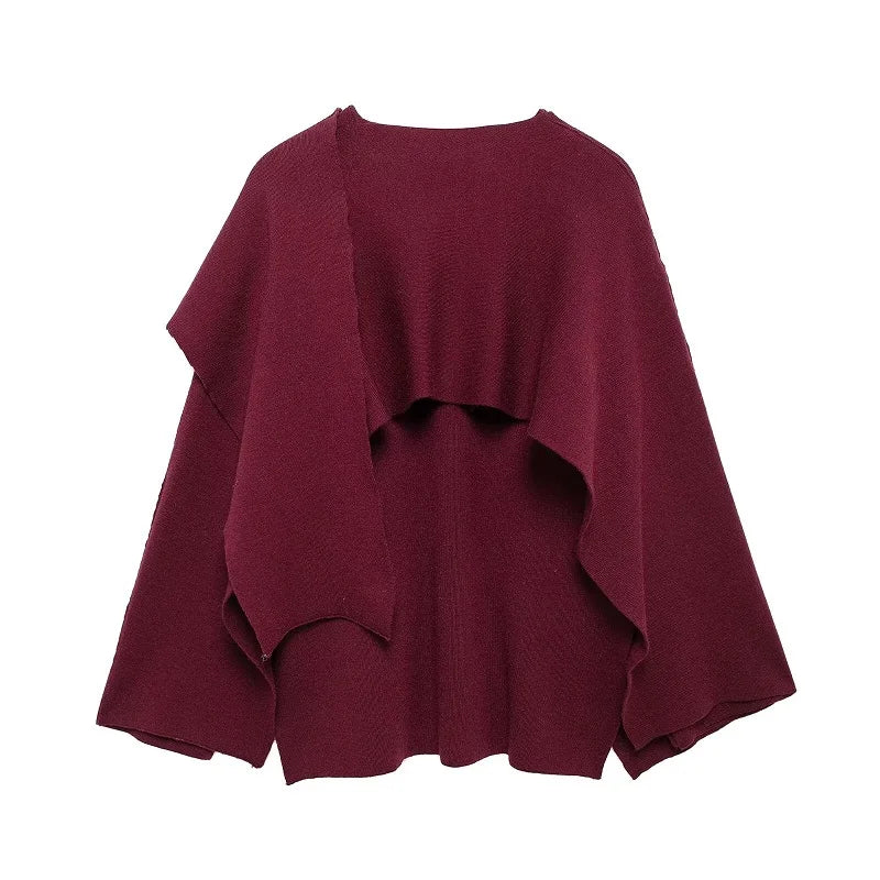 Women’s Layered Poncho Style Knit Top with Button Detail