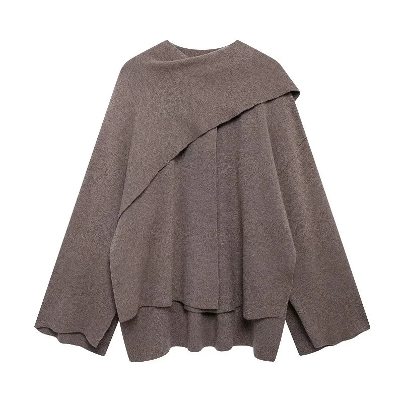 Women’s Layered Poncho Style Knit Top with Button Detail