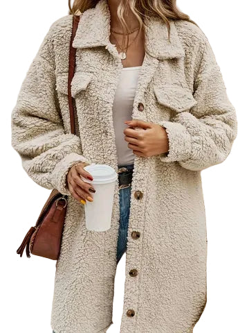 Women’s Long Button Front Teddy Coat with Collar