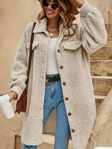 Women’s Long Button Front Teddy Coat with Collar