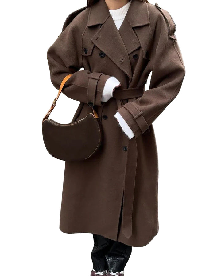 Women’s Long Double-Breasted Belted Coat with Lapels