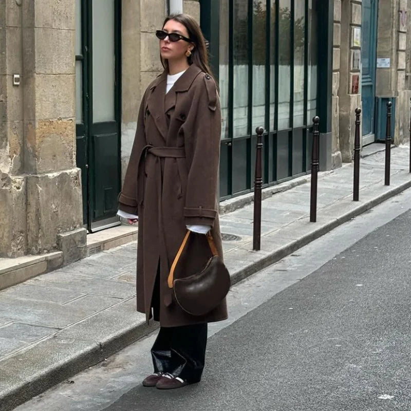 Women’s Long Double-Breasted Belted Coat with Lapels