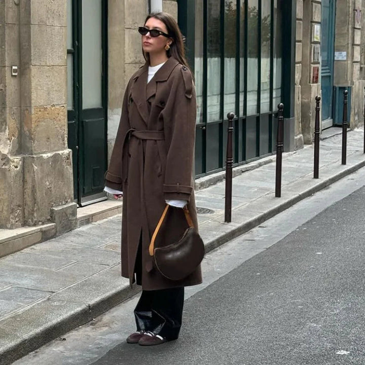 Women’s Long Double-Breasted Belted Coat with Lapels
