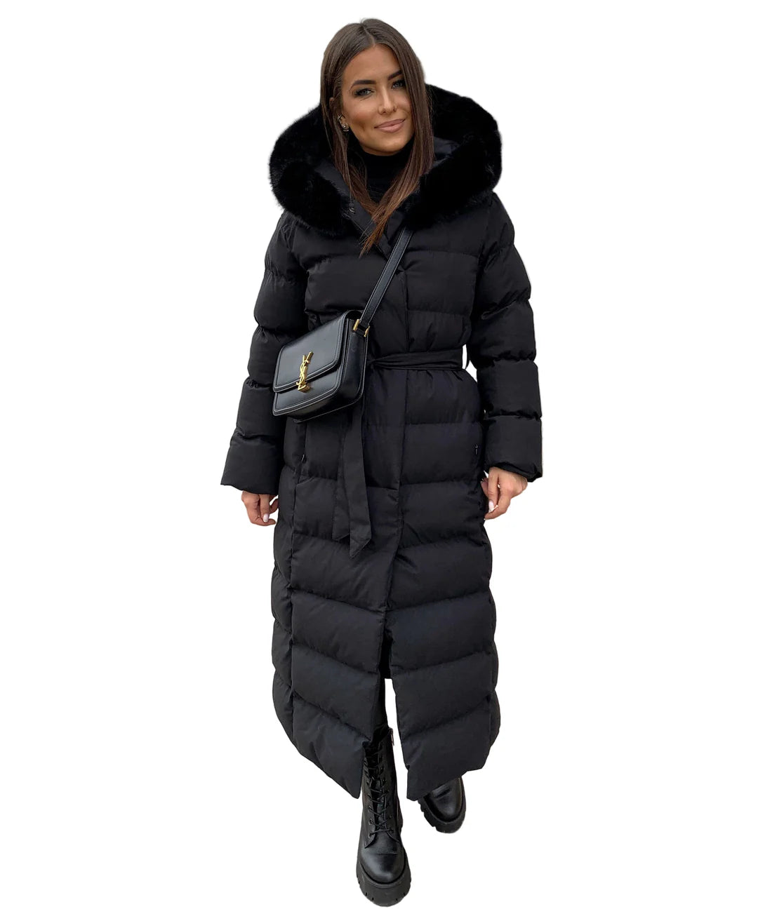 Women’s Long Puffer Coat with Hood and Waist Belt
