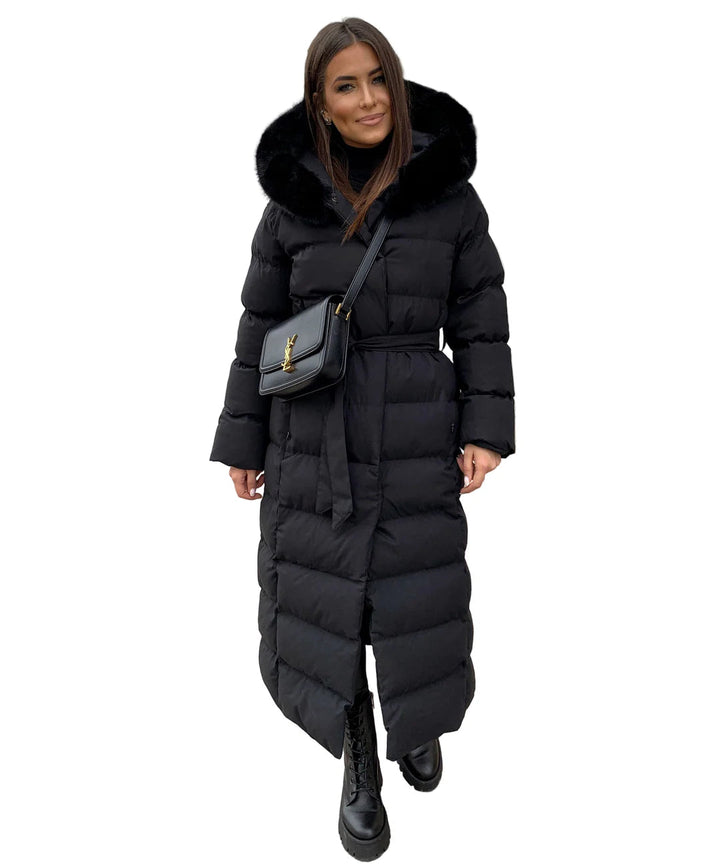 Women’s Long Puffer Coat with Hood and Waist Belt