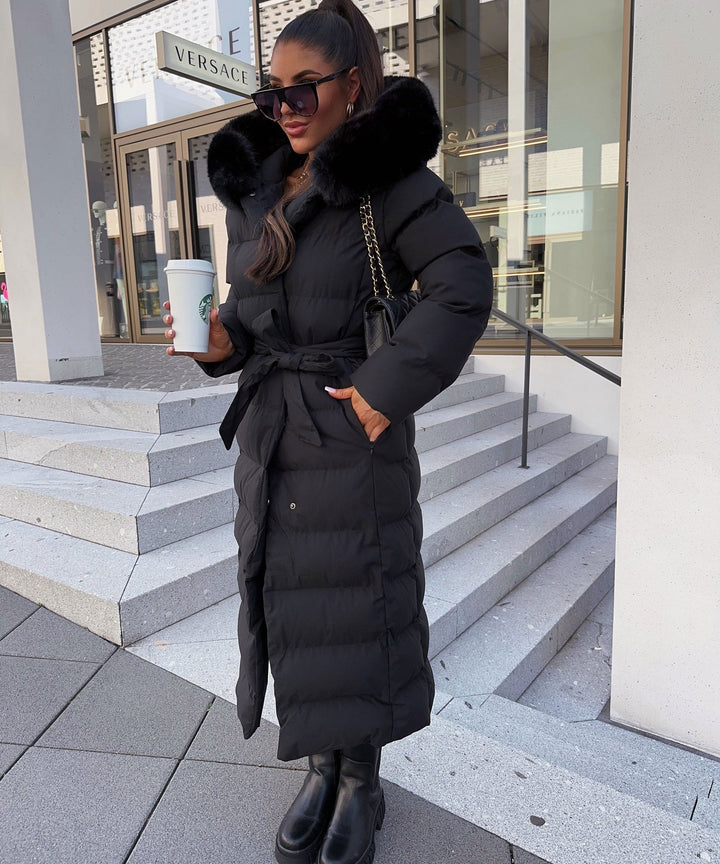 Women’s Long Puffer Coat with Hood and Waist Belt