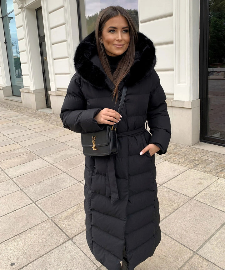 Women’s Long Puffer Coat with Hood and Waist Belt