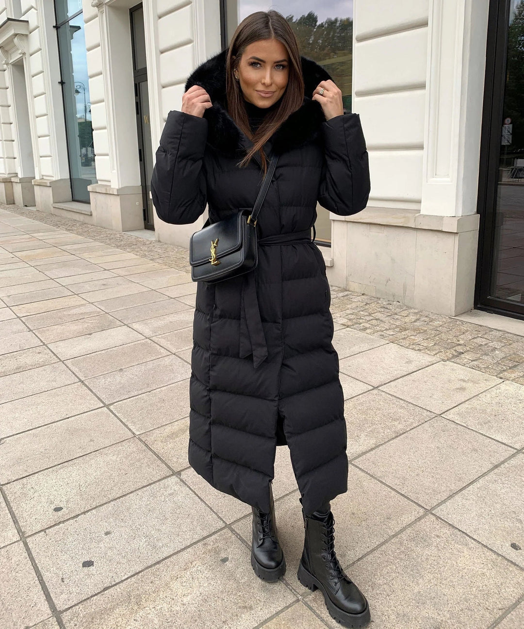 Women’s Long Puffer Coat with Hood and Waist Belt