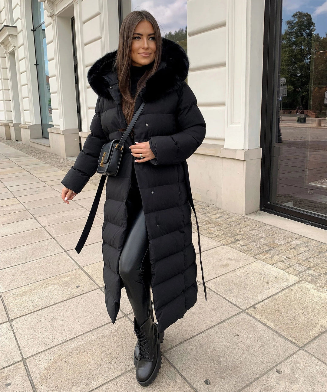 Women’s Long Puffer Coat with Hood and Waist Belt