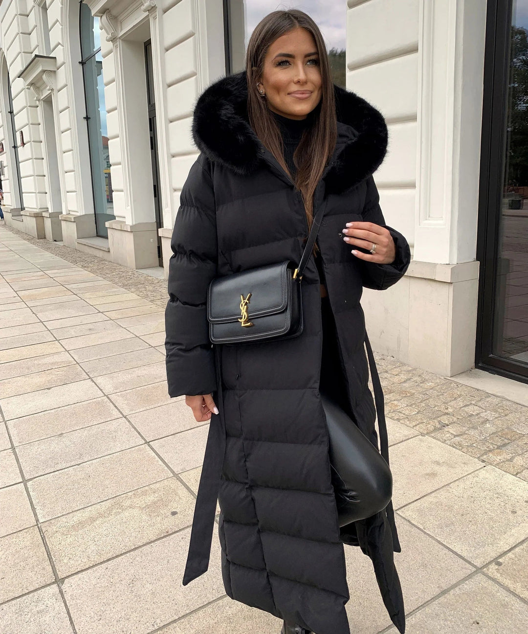 Women’s Long Puffer Coat with Hood and Waist Belt