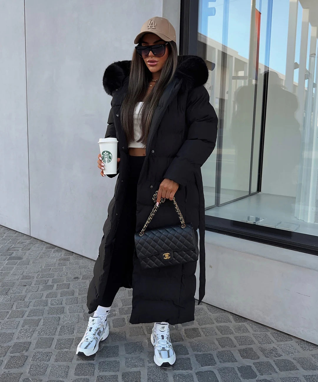 Women’s Long Puffer Coat with Hood and Waist Belt