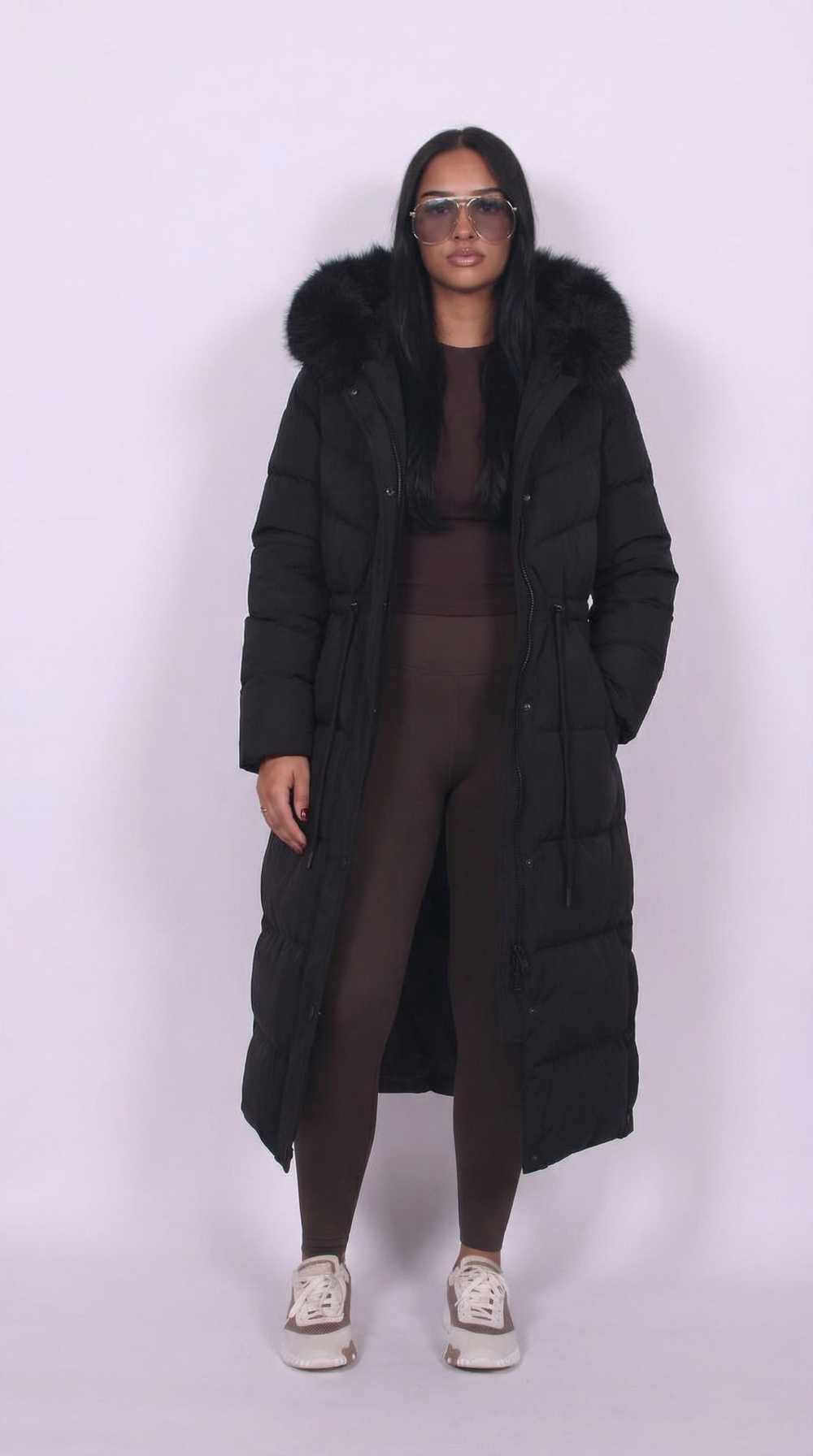 Women’s Long Quilted Puffer Coat with Faux Fur Hood