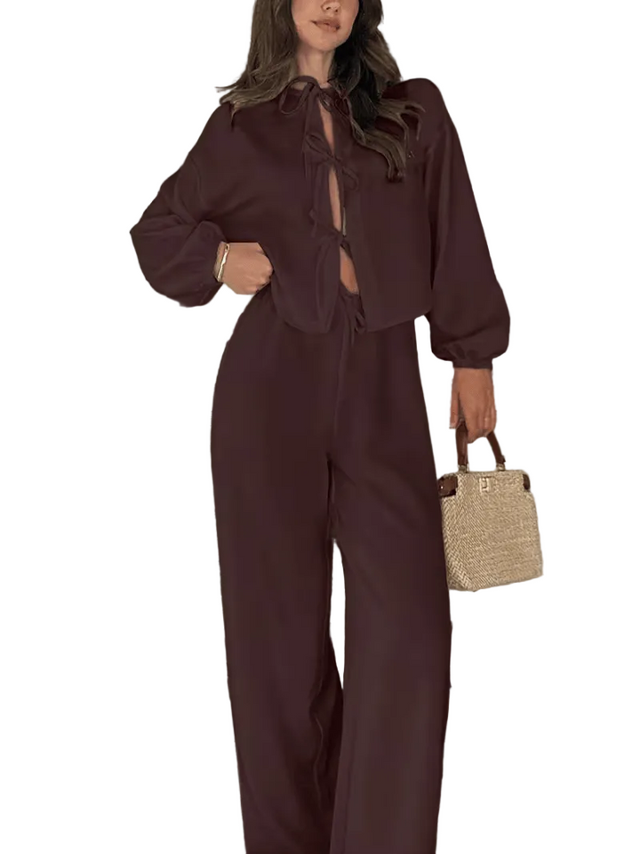 Women’s Long Sleeve Blouse and Wide Leg Trousers Set with Tie Detail
