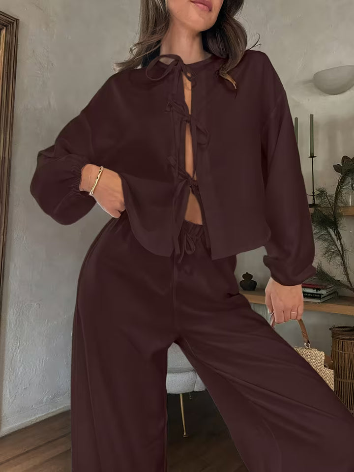 Women’s Long Sleeve Blouse and Wide Leg Trousers Set with Tie Detail