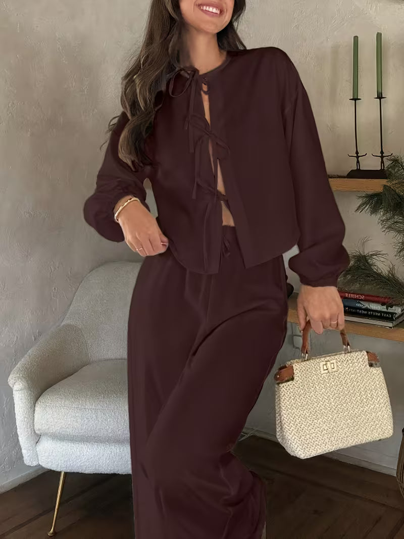 Women’s Long Sleeve Blouse and Wide Leg Trousers Set with Tie Detail