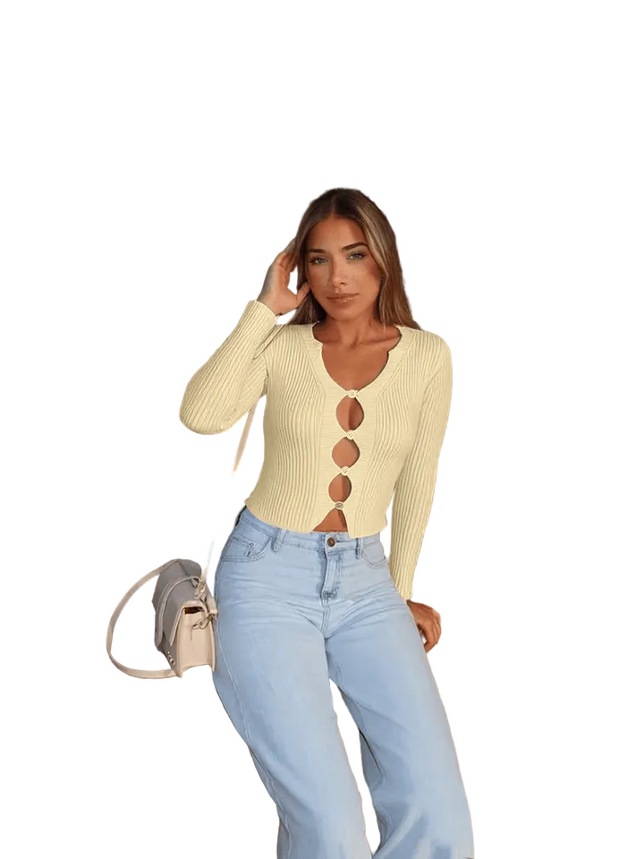 Women’s Long Sleeve Button Front Knit Cardigan with Cut-Out Detail