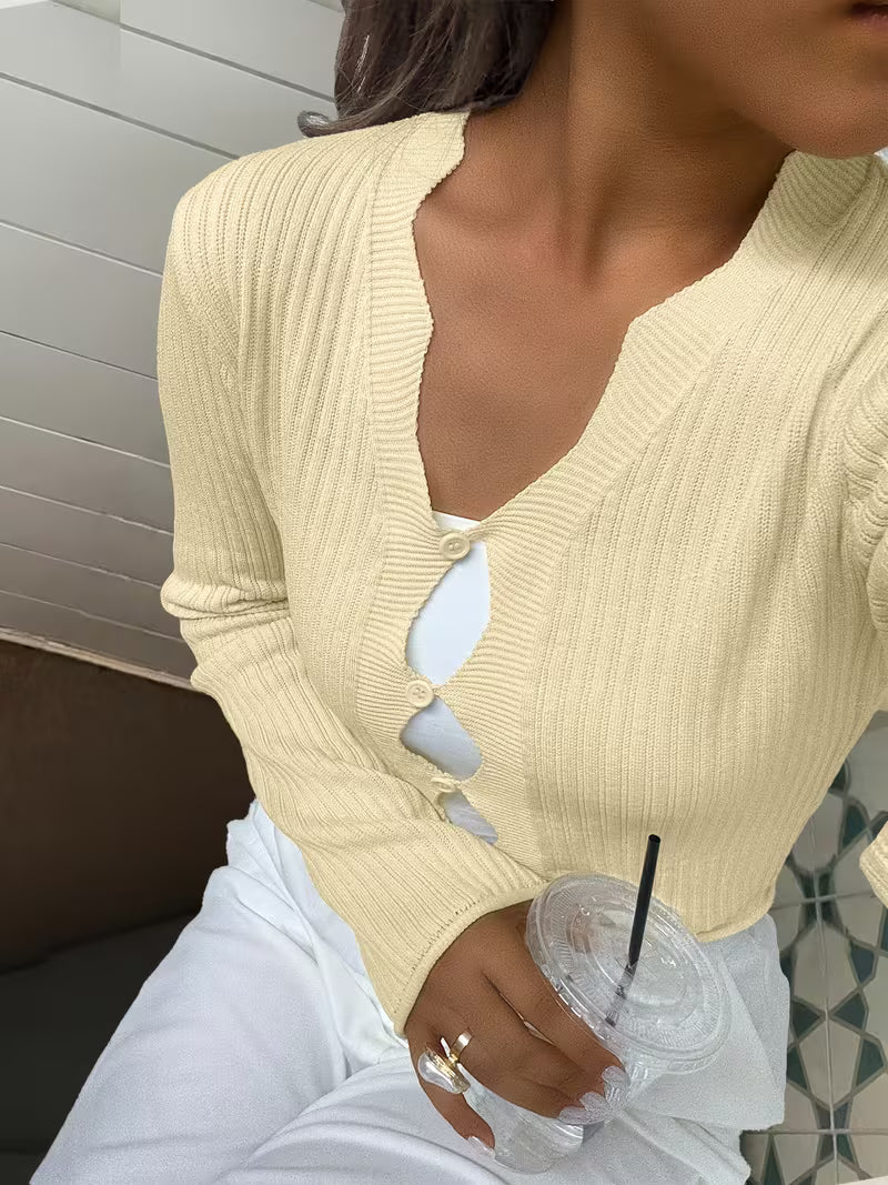 Women’s Long Sleeve Button Front Knit Cardigan with Cut-Out Detail