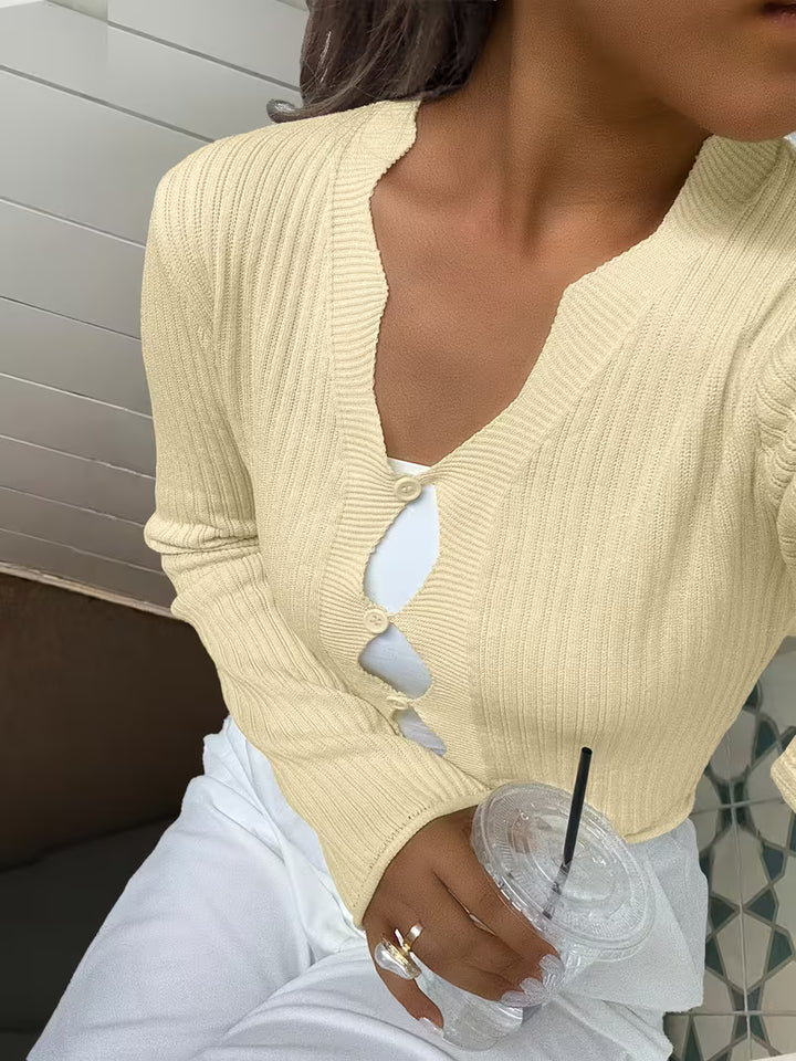 Women’s Long Sleeve Button Front Knit Cardigan with Cut-Out Detail