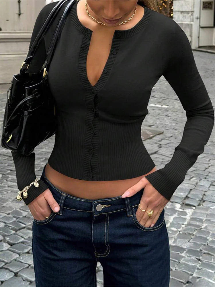 Women’s Long Sleeve Button Front Ribbed Waist Cardigan