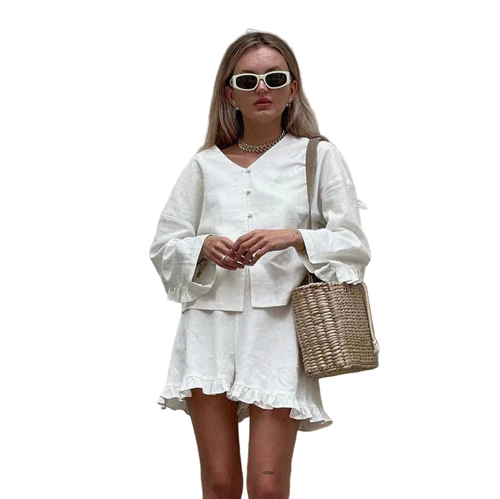 Women’s Long Sleeve Buttoned Top and Ruffle Hem Shorts Set