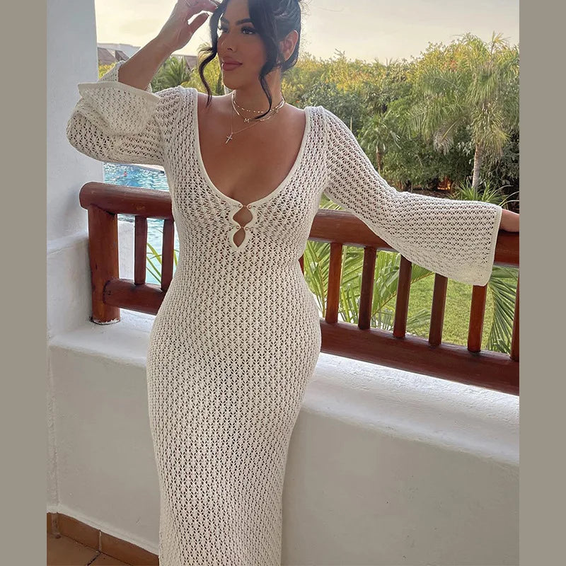 Women’s Long Sleeve Crochet Maxi Dress with V-Neck