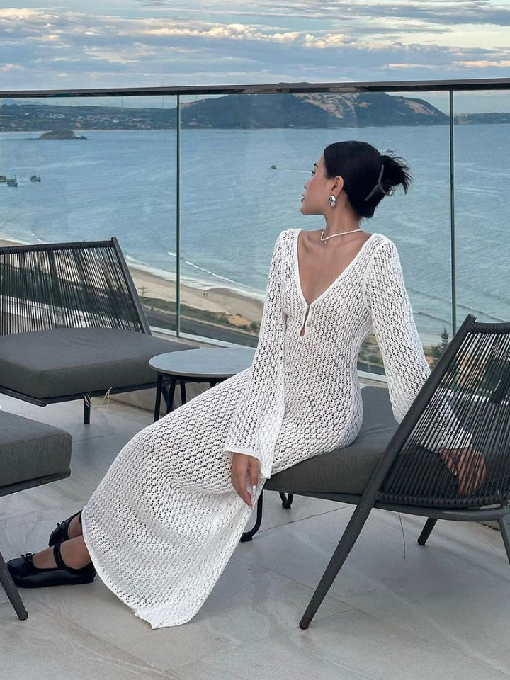 Women’s Long Sleeve Crochet Maxi Dress with V-Neck