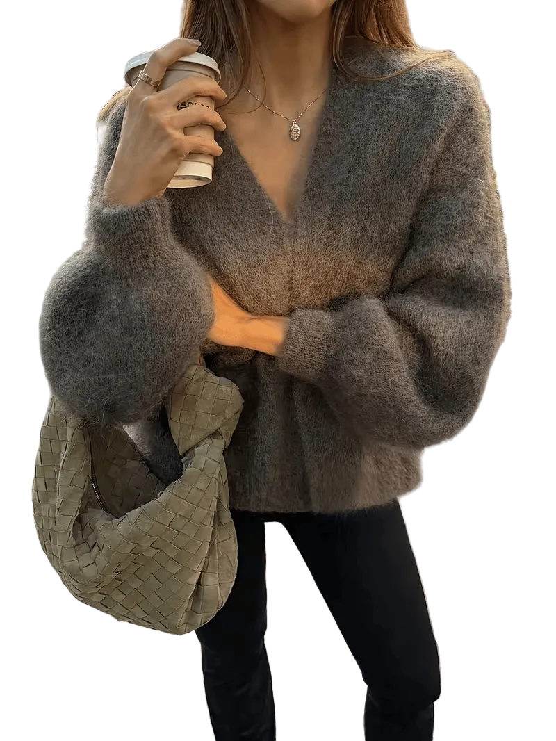 Women’s Long Sleeve Fuzzy Knit Sweater with V-Neck