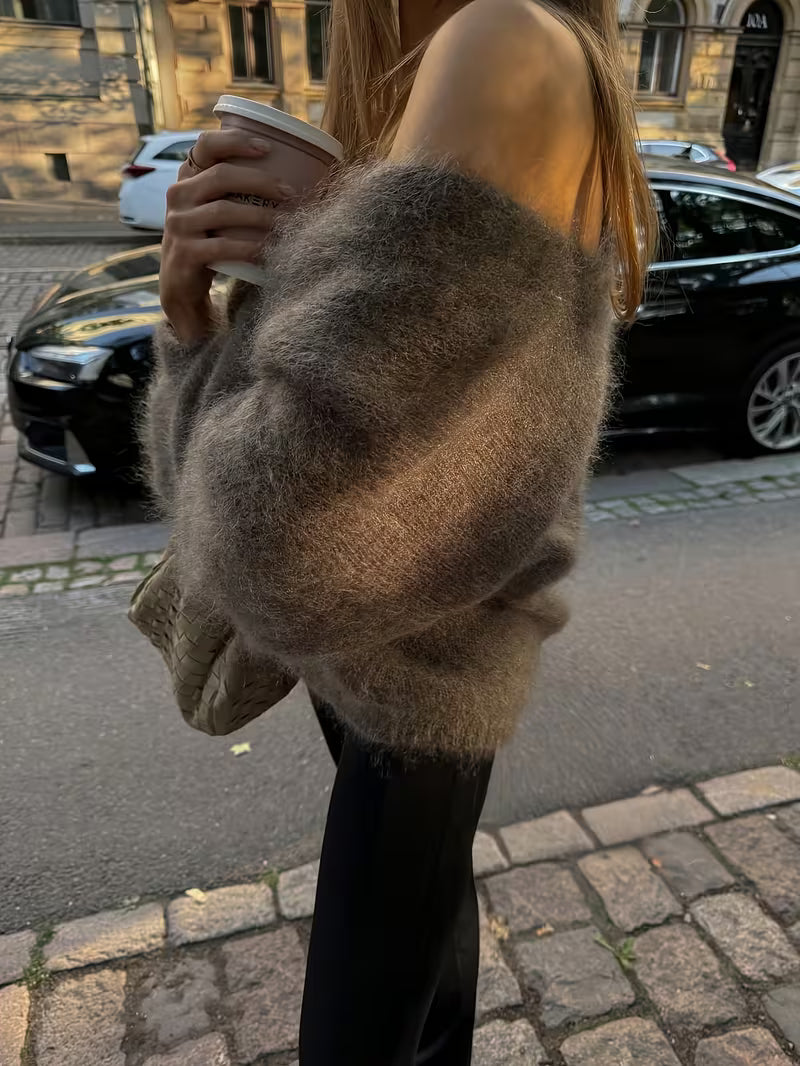 Women’s Long Sleeve Fuzzy Knit Sweater with V-Neck