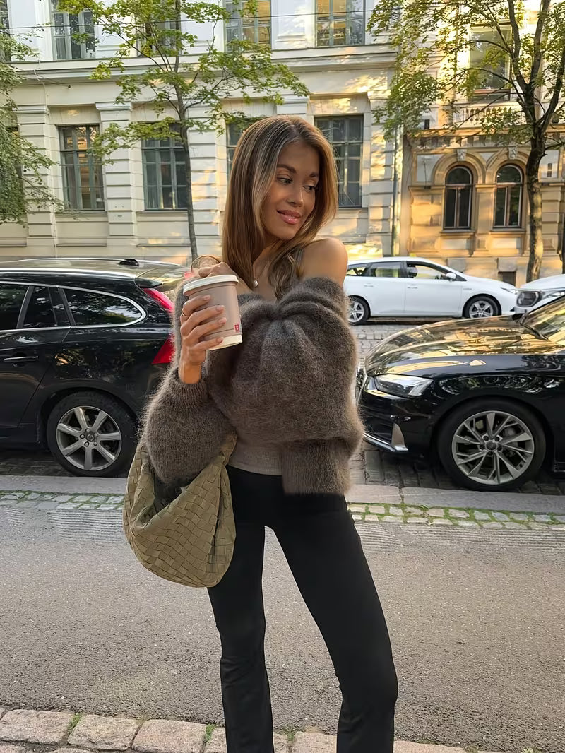 Women’s Long Sleeve Fuzzy Knit Sweater with V-Neck