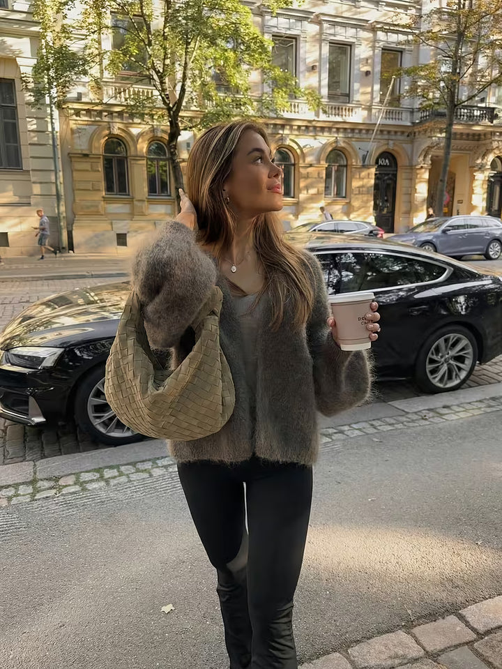 Women’s Long Sleeve Fuzzy Knit Sweater with V-Neck