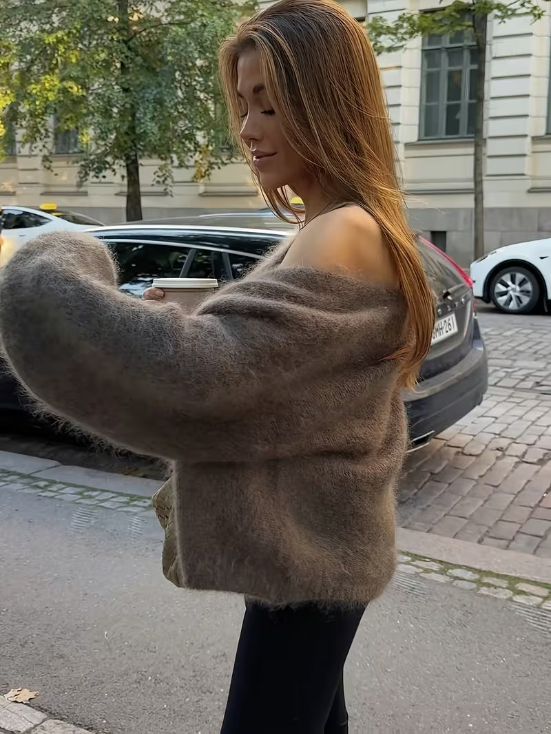 Women’s Long Sleeve Fuzzy Knit Sweater with V-Neck