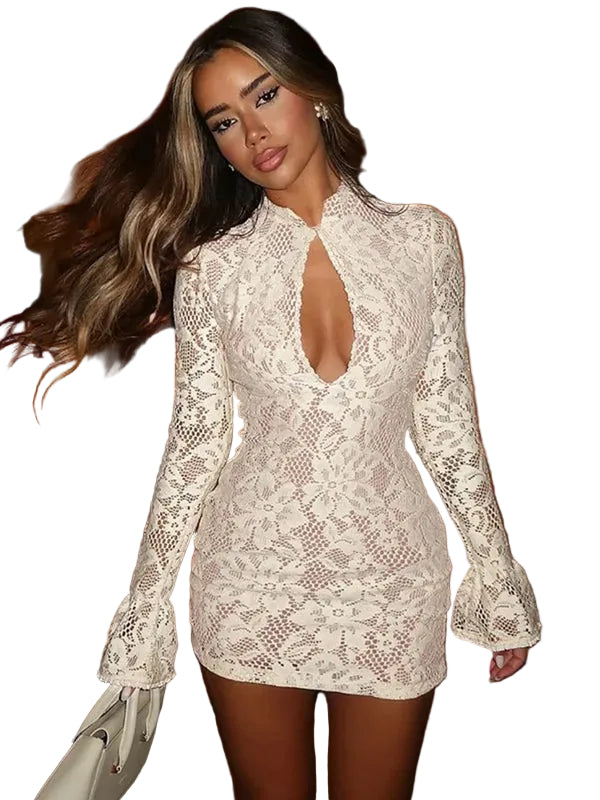 Women’s Long Sleeve Lace Mini Dress with Plunge Neckline