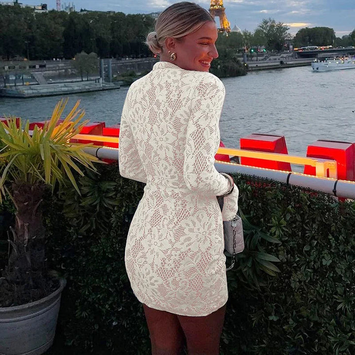 Women’s Long Sleeve Lace Mini Dress with Plunge Neckline