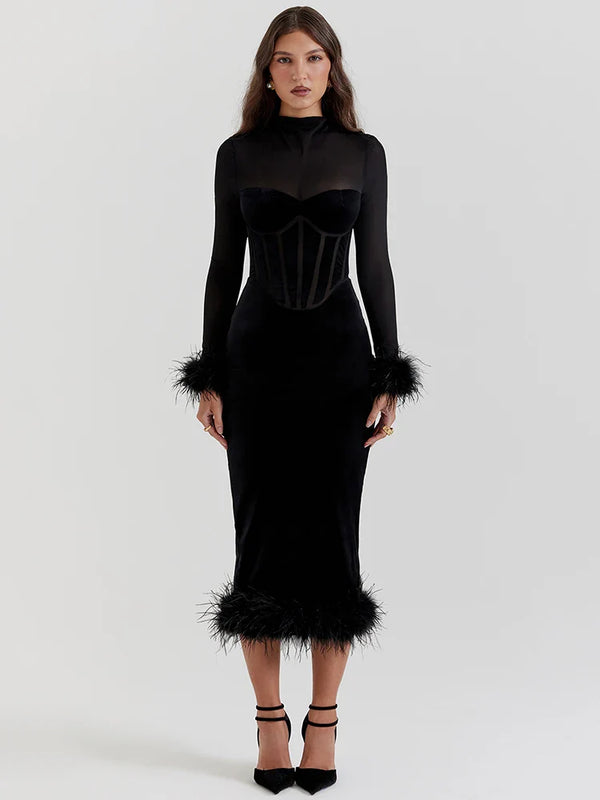 Women’s Long Sleeve Midi Dress with Sheer Upper Panel