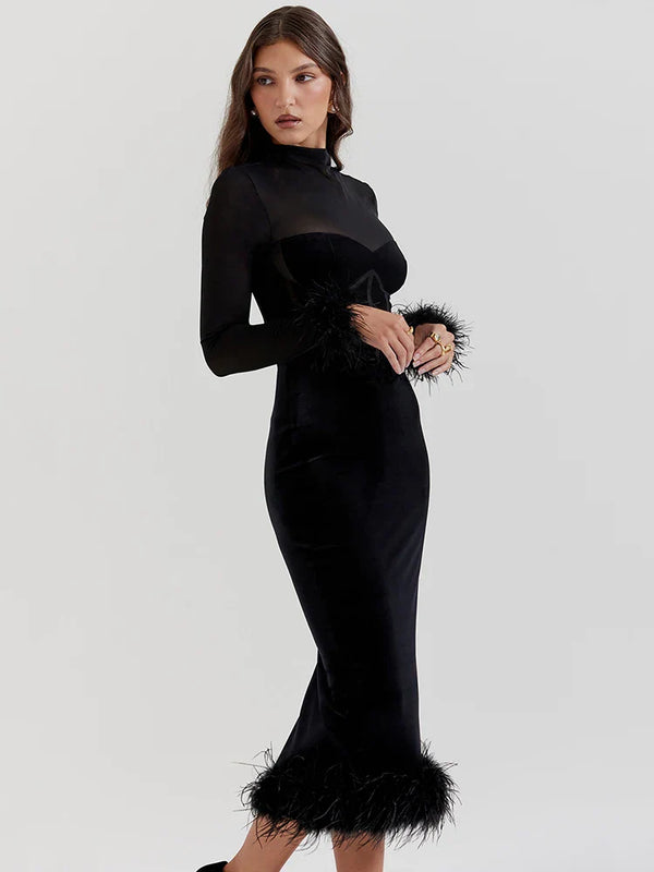 Women’s Long Sleeve Midi Dress with Sheer Upper Panel