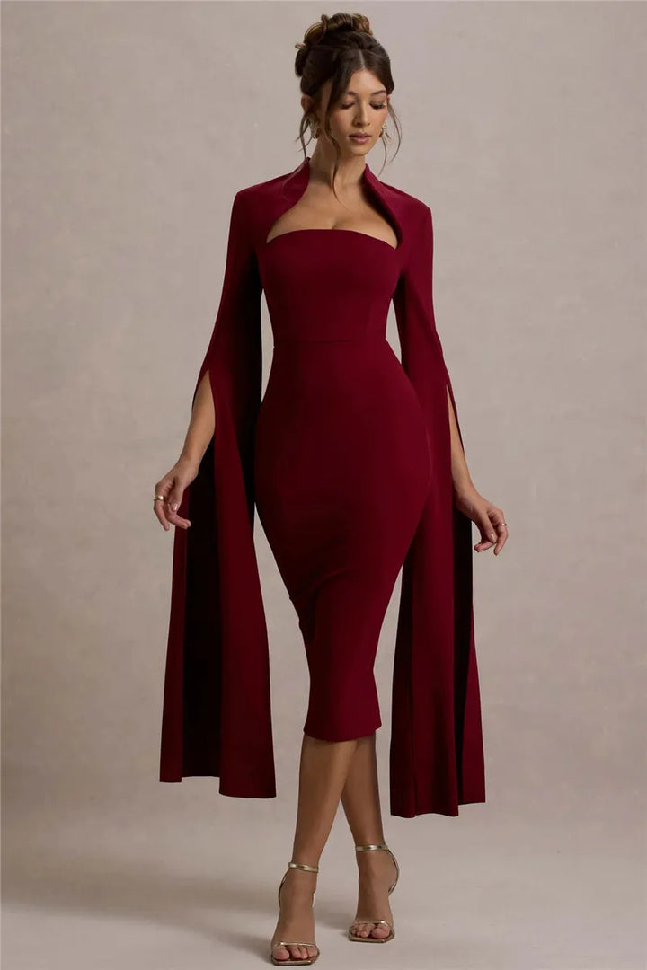 Women’s Long Sleeve Midi Dress with Slit Sleeves