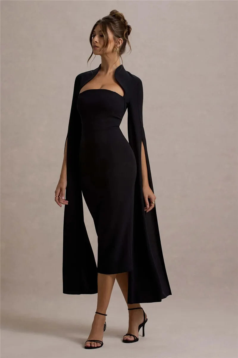 Women’s Long Sleeve Midi Dress with Slit Sleeves