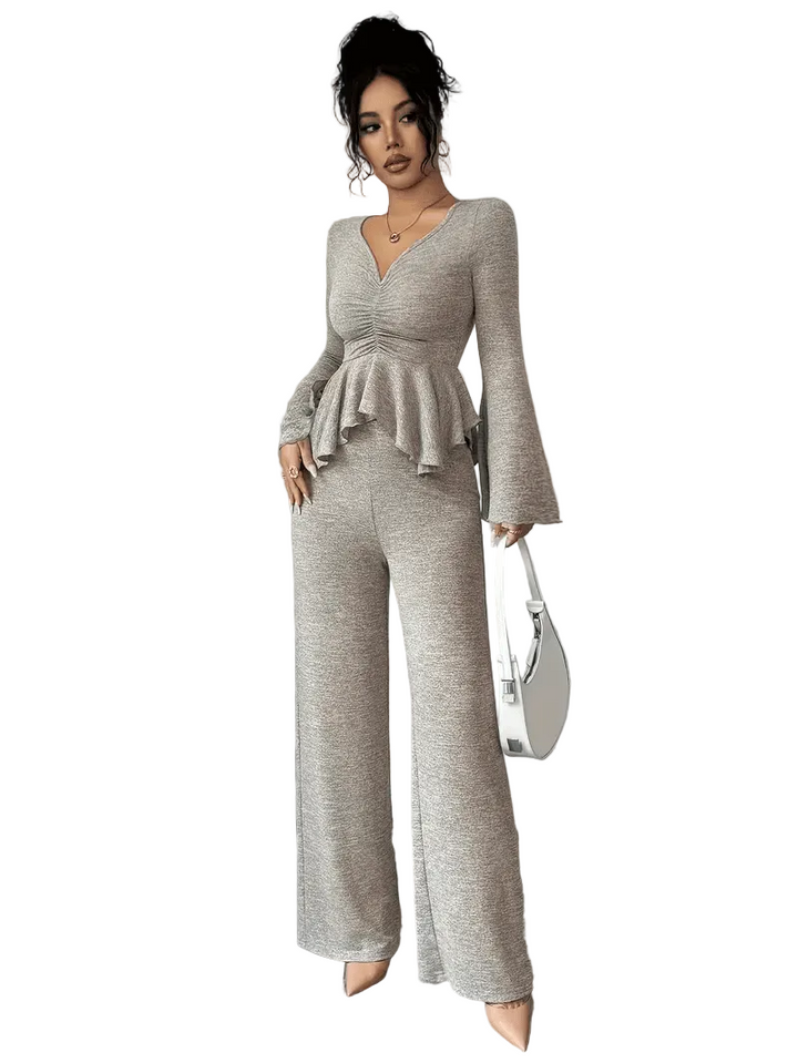Women’s Long Sleeve Peplum Top and Wide Leg Trousers Set