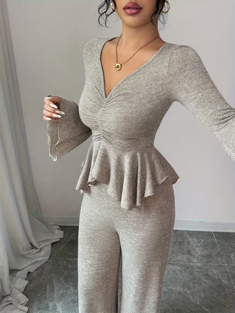 Women’s Long Sleeve Peplum Top and Wide Leg Trousers Set