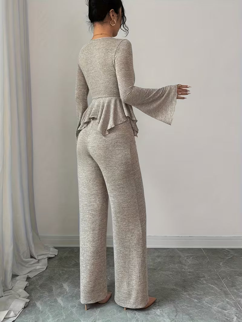 Women’s Long Sleeve Peplum Top and Wide Leg Trousers Set