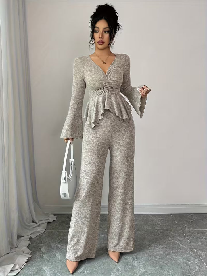 Women’s Long Sleeve Peplum Top and Wide Leg Trousers Set