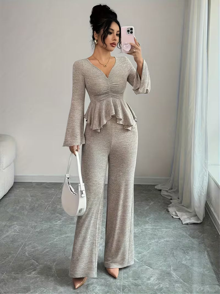Women’s Long Sleeve Peplum Top and Wide Leg Trousers Set