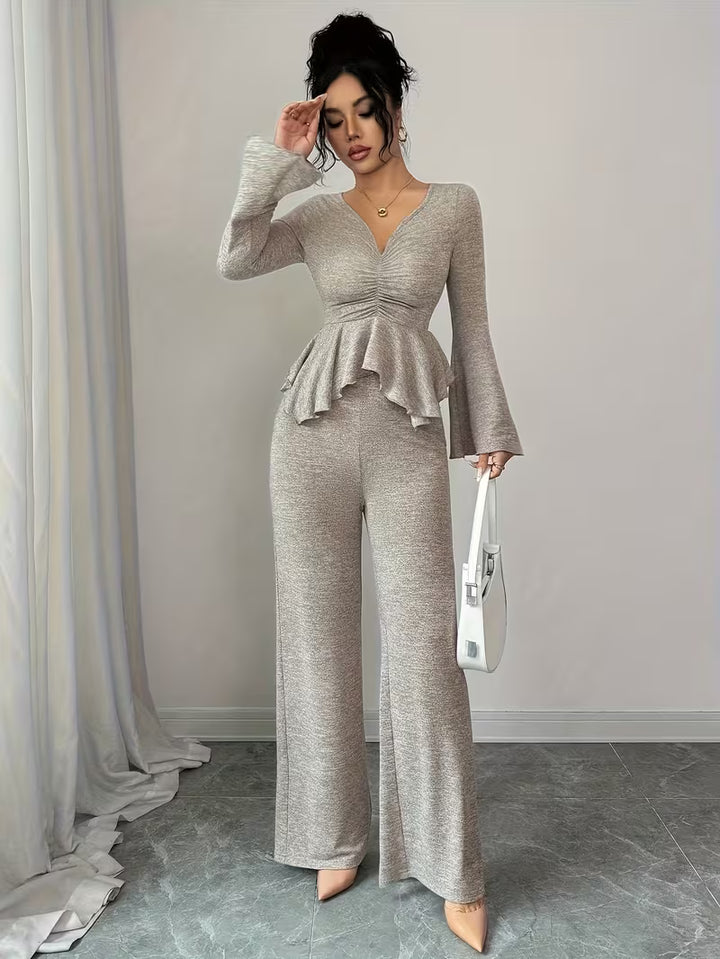 Women’s Long Sleeve Peplum Top and Wide Leg Trousers Set
