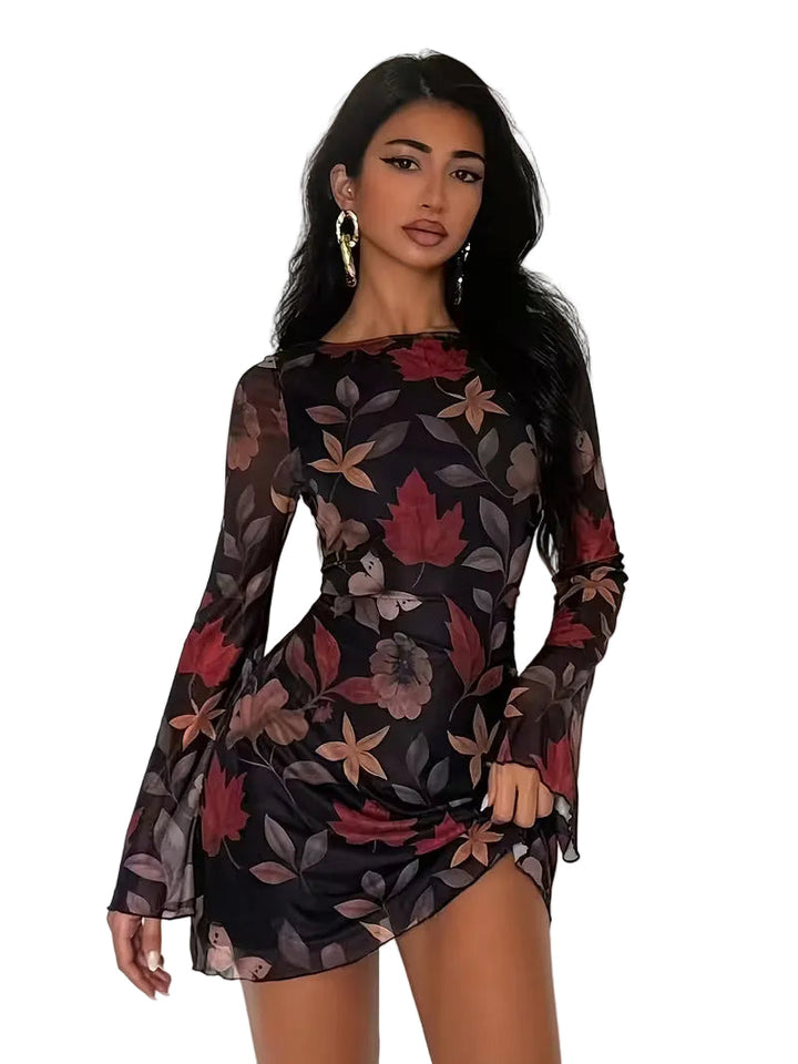 Women’s Long Sleeve Printed Mesh Mini Dress