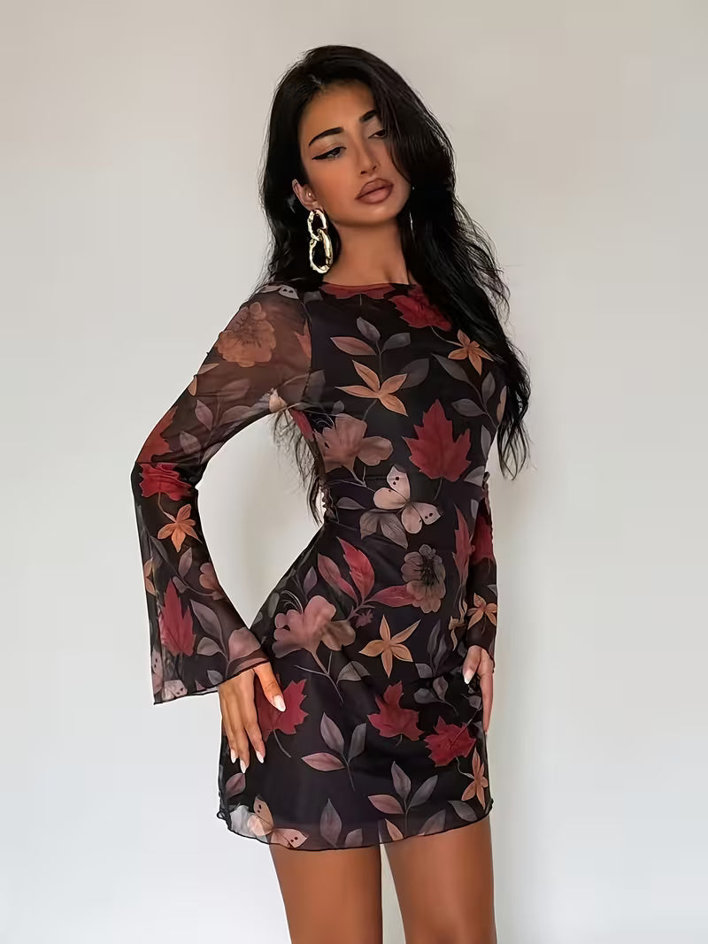 Women’s Long Sleeve Printed Mesh Mini Dress