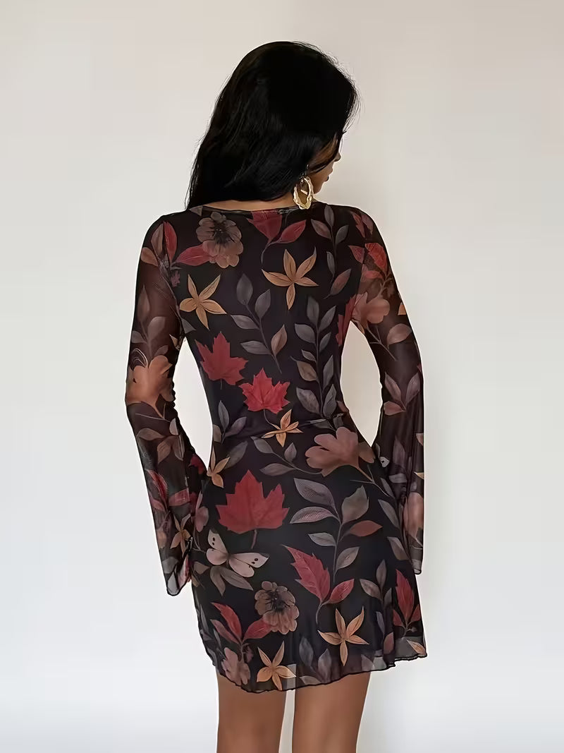 Women’s Long Sleeve Printed Mesh Mini Dress