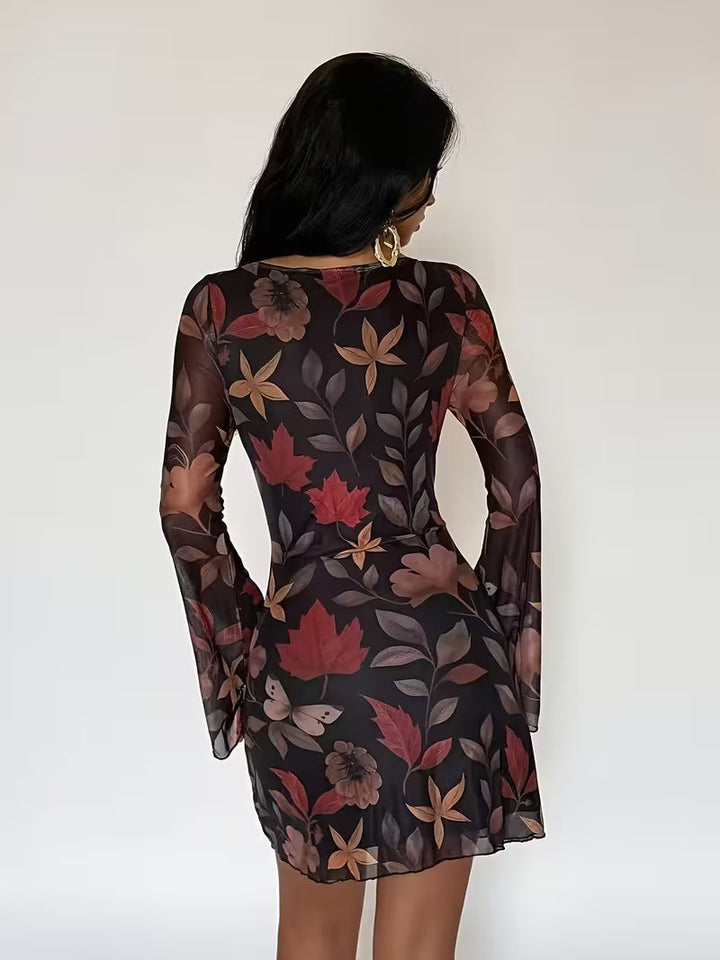 Women’s Long Sleeve Printed Mesh Mini Dress