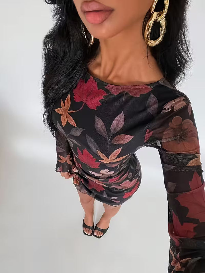 Women’s Long Sleeve Printed Mesh Mini Dress