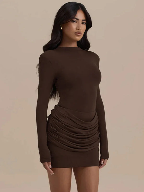 Women’s Long Sleeve Ruched Mini Dress with Straight Neckline